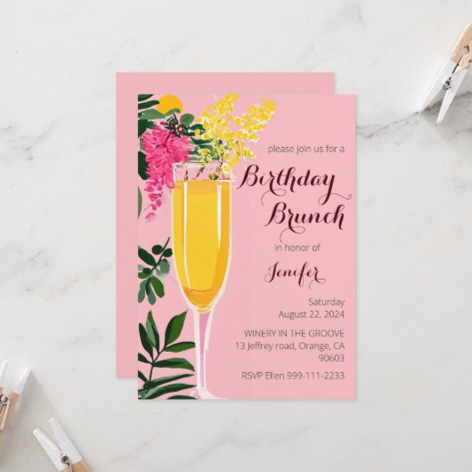 Verjaardagsbrunch mimosa waterverf Uitnodiging (Voorkant / Achterkant in situ)