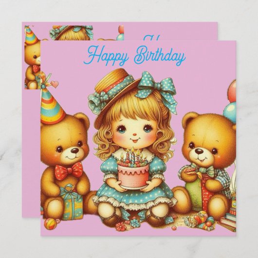 VERJAARDAGSCAART TEDDYBEERTJES ~ jong kind ~ Roze  (Voorkant / Achterkant)