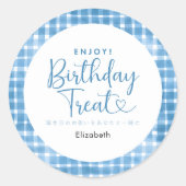Verjaardagscadeau Blauwe Gingham Typografie Ronde Sticker (Voorkant)