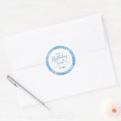 Verjaardagscadeau Blauwe Gingham Typografie Ronde Sticker (Envelop)
