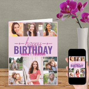 Verjaardagscadeau met 8 foto's en roze personalisa kaart