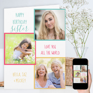 Verjaardagscadeau voor zus 3 foto collage kaart