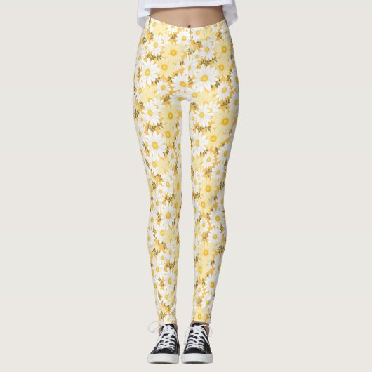 verjaardagscadeau | Witte en gele Daisy Leggings (Voorkant)