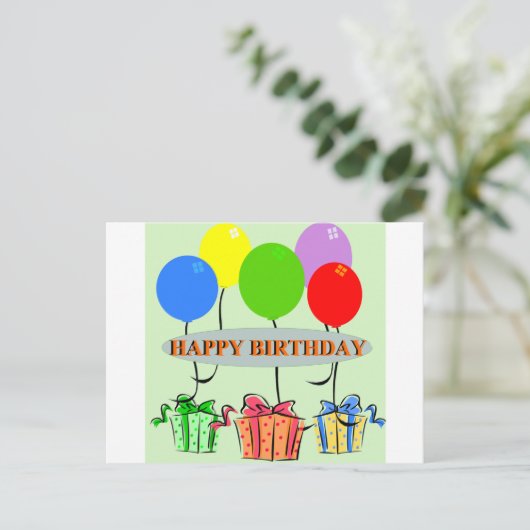 Verjaardagscadeaus en ballonnen briefkaart (Staand voorkant)