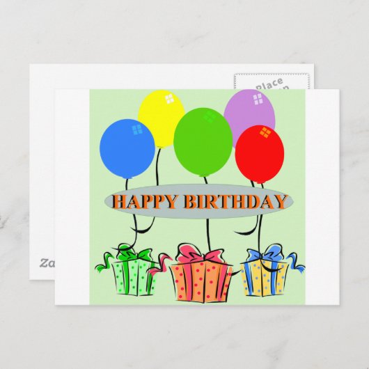 Verjaardagscadeaus en ballonnen briefkaart (Voorkant / Achterkant)