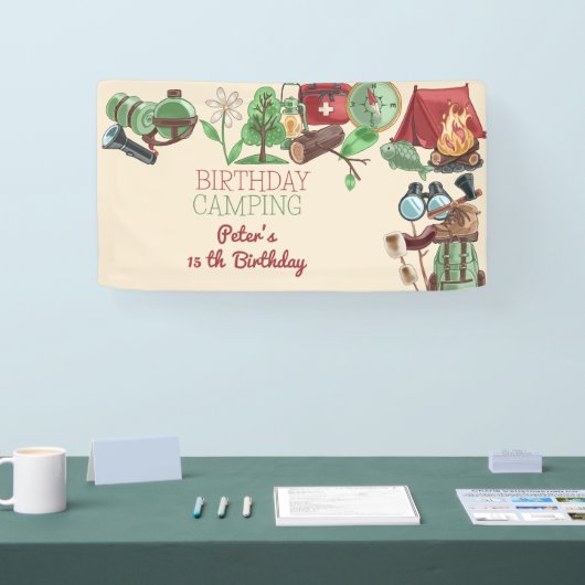 Verjaardagscamping natuur wandelen voor kinderen spandoek (Beurs)