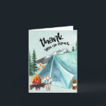 Verjaardagscampingtent voor gelukkige kampeerders bedankkaart<br><div class="desc">Campingethema bedankkaart - perfect voor een achtertuin BBQ,  picknick of verjaardagsfeestje buiten. Dit mint- en blauwe watercolorontwerp heeft berg- en boslandschap met tent,  kampvuur en smores. De titel luidt "hartelijk dank" en de resterende dankboodschap is volledig aanpasbaar.</div>