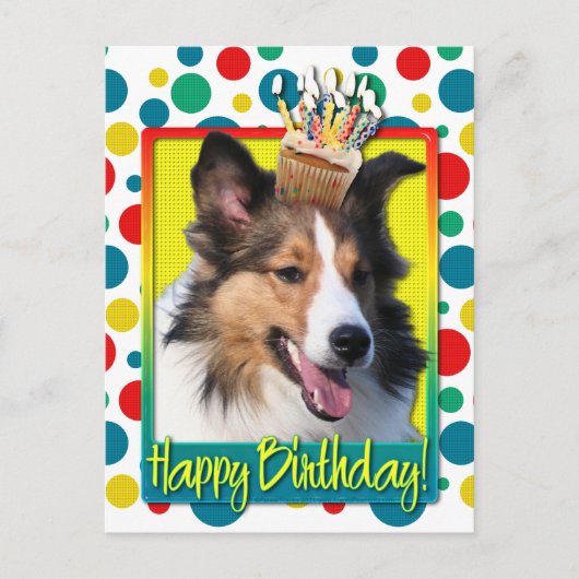 Verjaardagscupcake - Sheltie Briefkaart (Voorkant)