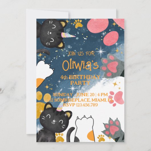 verjaardagsdagsuitnodiging voor Magic Caticorn Kaart (Voorkant)