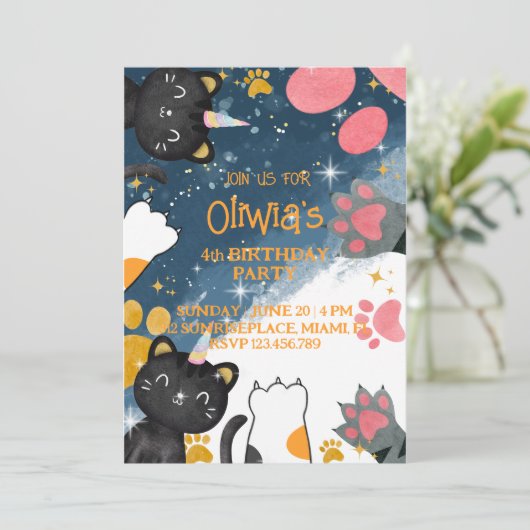 verjaardagsdagsuitnodiging voor Magic Caticorn Kaart (Staand voorkant)