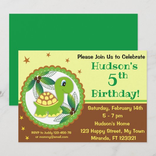 verjaardagsdagsuitnodiging voor schattige schildpa kaart (Voorkant / Achterkant)