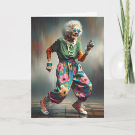 Verjaardagsdansende hippe oude dame kaart