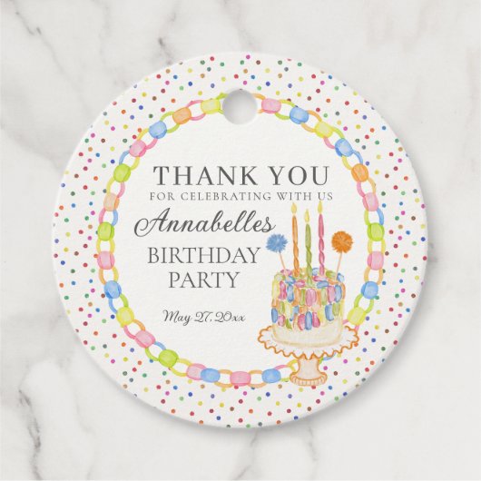 Verjaardagsdessert met Confetti Bedankjes Labels (Voorkant)