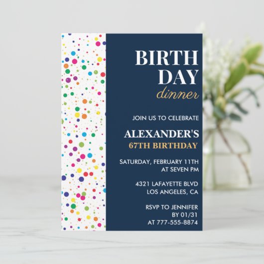 Verjaardagsdiner Navy Blue Confetti 67ste verjaard Kaart (Staand voorkant)
