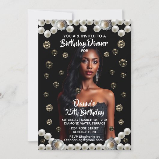 Verjaardagsdiner Zwart, Diamant, & Parel Foto Kaart (Voorkant)