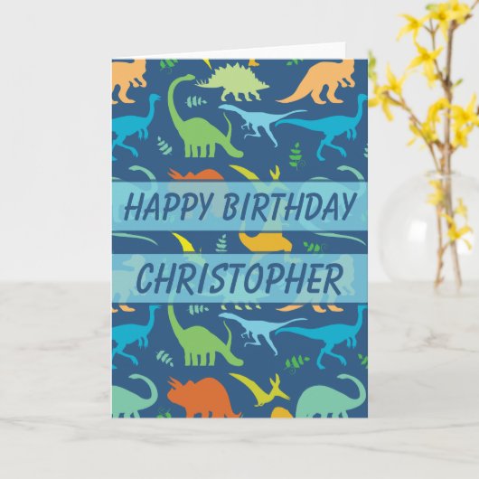 Verjaardagsdinosaurus om te personaliseren kaart (Gele Bloem)