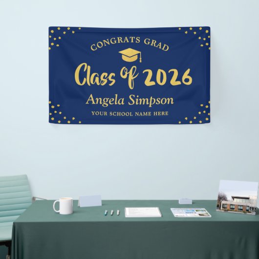 Verjaardagsdisplay donkerblauw goud klas 2026 spandoek (Beurs)