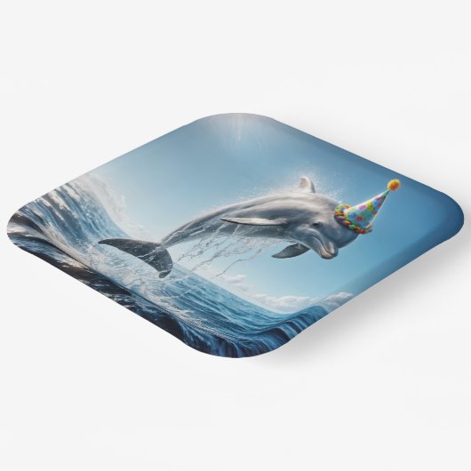 Verjaardagsdolfijn springt uit het water papieren bordje (Gebogen)