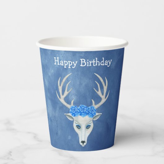 Verjaardagsfantasie Witte Herten Hoofd Blauwe Roze Papieren Bekers (Achterkant)