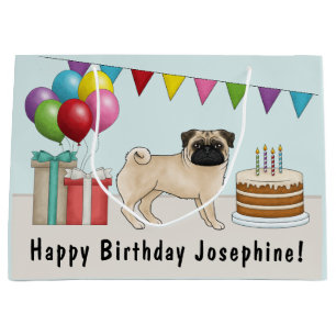 Verjaardagsfawn-pug, cute cartoon-hond Kleurrijk Groot Cadeauzakje