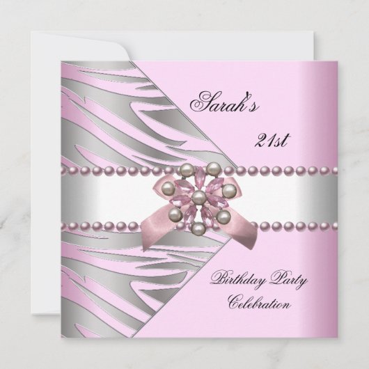 Verjaardagsfeest 21e Pink Zebra Wit Roze Parel Kaart (Voorkant)