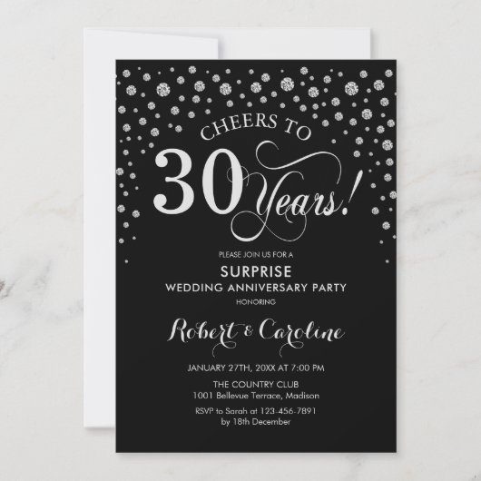 Verjaardagsfeest 30 jaar zwart zilver kaart (Voorkant)