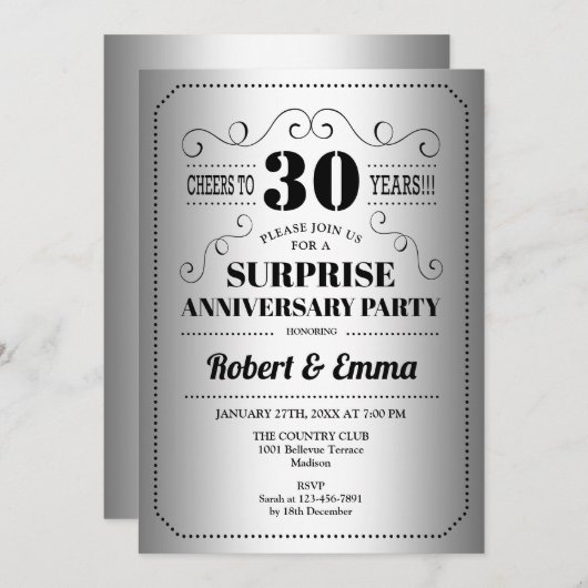 Verjaardagsfeest 30-jarig jubileum - Zilver Zwart Kaart (Voorkant / Achterkant)