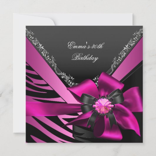 Verjaardagsfeest 30e Zebra Roze Zwart Zilver Kaart (Voorkant)