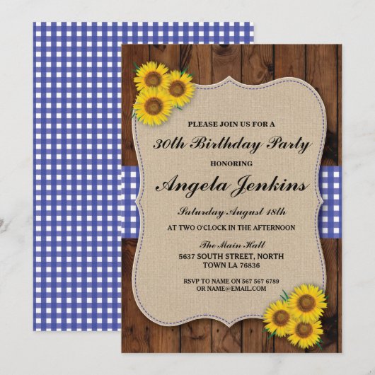 Verjaardagsfeest 30e Zonnebloem Hout Burlap Uitnod Kaart (Voorkant / Achterkant)