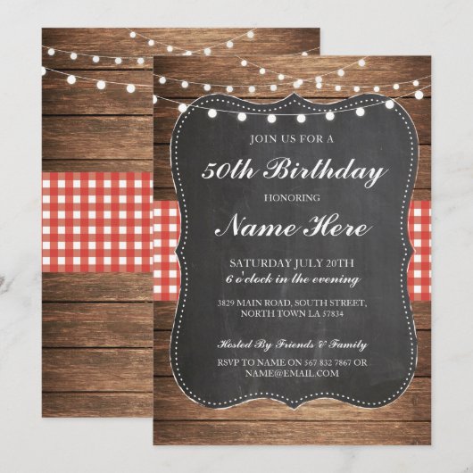 Verjaardagsfeest 40e 50e Check Rustic Wood Uitnodi Kaart (Voorkant / Achterkant)