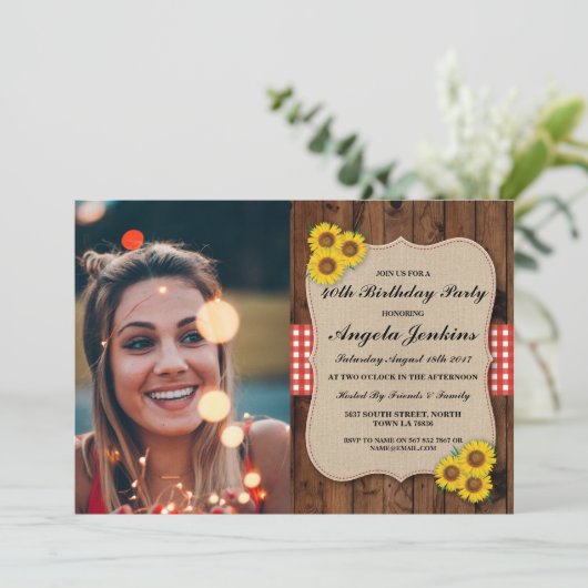 Verjaardagsfeest 40e Zonnebloem Hout Burlap Foto Kaart (Staand voorkant)
