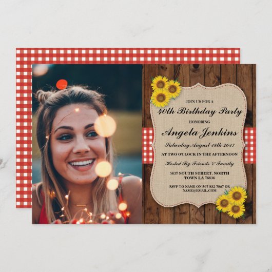 Verjaardagsfeest 40e Zonnebloem Hout Burlap Foto Kaart (Voorkant / Achterkant)