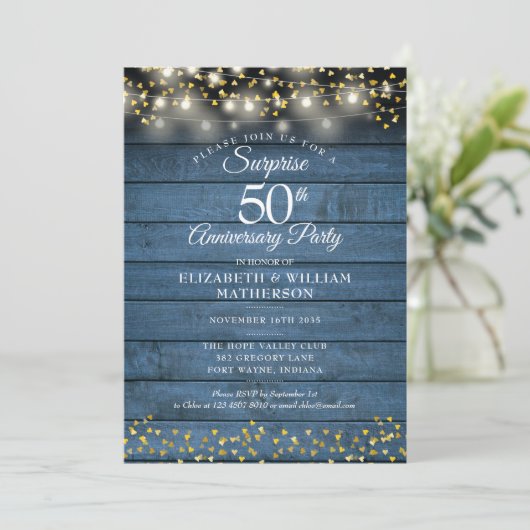 Verjaardagsfeest 50e Gouden Jubileum Blauw Rustiek Kaart (Staand voorkant)