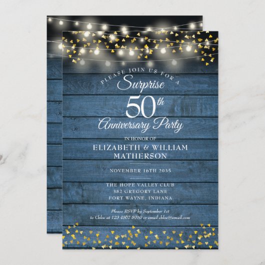 Verjaardagsfeest 50e Gouden Jubileum Blauw Rustiek Kaart (Voorkant / Achterkant)