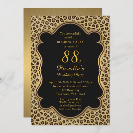 Verjaardagsfeest 88e, Cheetah, Zwart & Goud Kaart (Voorkant / Achterkant)