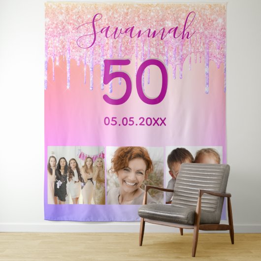 Verjaardagsfeest aangepaste foto roze gouden glitt wandkleed (In situ)