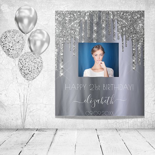 Verjaardagsfeest aangepaste foto zilver glitters g wandkleed