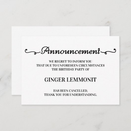 Verjaardagsfeest annuleringskaarten aankondiging (Voorkant / Achterkant)
