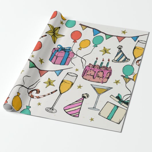 Verjaardagsfeest Ballonnen Taart Champagne Cadeaupapier (Uitgerold)