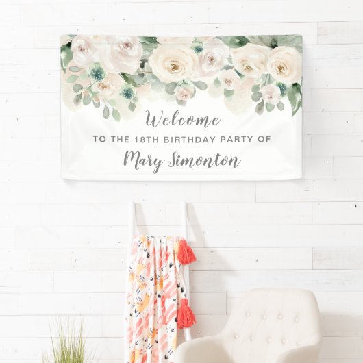 Verjaardagsfeest Banner 18e Witte Roos Bloemen (Insitu)