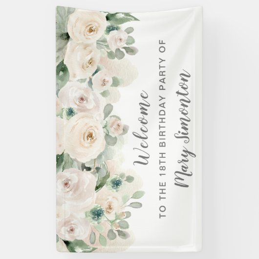 Verjaardagsfeest Banner 18e Witte Roos Bloemen (Verticaal)