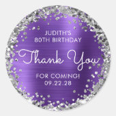 Verjaardagsfeest Bedankt Paarse zilveren glitter Ronde Sticker (Voorkant)