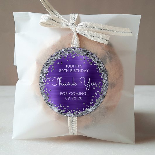 Verjaardagsfeest Bedankt Paarse zilveren glitter Ronde Sticker