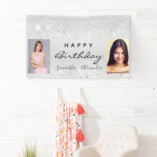 Verjaardagsfeest beste vrienden tweeling zilveren  spandoek (Insitu)