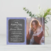 Verjaardagsfeest Blauw Check Rustieke Krijt Foto Kaart (Staand voorkant)