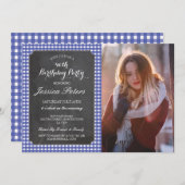Verjaardagsfeest Blauw Check Rustieke Krijt Foto Kaart (Voorkant / Achterkant)