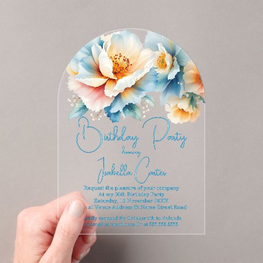 Verjaardagsfeest Blauw Geel Witte Bloemen Acryl Uitnodigingen (Insitu (Draagbaar))