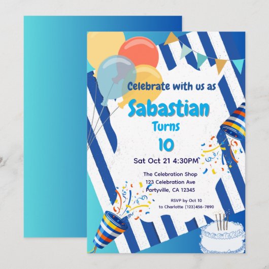 Verjaardagsfeest Blauw Kaart (Voorkant / Achterkant)