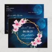Verjaardagsfeest blauwe maan roze bloemen Save the Briefkaart (Voorkant / Achterkant)