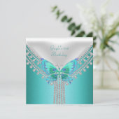 Verjaardagsfeest Blauwe Teal Witte Vlinder Kaart (Staand voorkant)